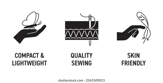 Microfiber towel or dust cloth benefits icons set - Compact and Lightweight, Skin friendly, Quality Sewing. Pictograms for labeling in monochrome style