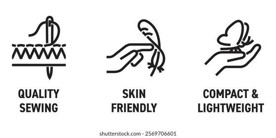 Microfiber towel or dust cloth benefits icons set - Compact and Lightweight, Skin friendly, Quality Sewing. Pictograms for labeling in bold line