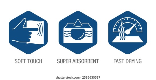 Microfiber towel or dust cloth benefits icons set - Super Absorbent, Soft Touch, Fast Drying. Pictograms for labeling in monochrome style and hexagonal shape