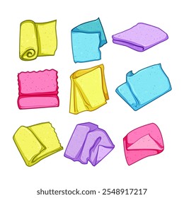 Juego de toallas de microfibra de dibujos animados. Duradero suave, limpieza de viajes, signo de toalla de microfibra para acampar en el gimnasio. Ilustración vectorial de símbolos aislados