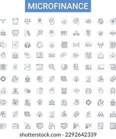 microfinance outline icons collection. Microfinance, Banking, Credit, Loans, Savings, Entrepreneurship, Cooperative vector illustration set. Investment, Poverty, Women line signs