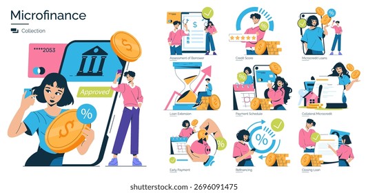 Ilustração do vetor de microfinanciamento descrevendo vários aspectos da gestão de empréstimos, incluindo aprovação de empréstimos e avaliação do mutuário. Caracteres envolventes mostram interações financeiras.