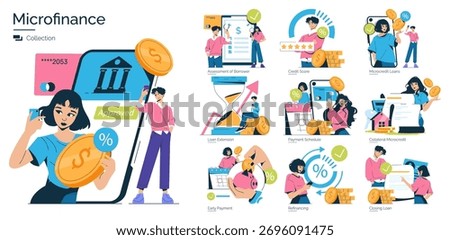 Microfinance vector illustration depicting various aspects of loan management, including loan approval and borrower assessment. Engaging characters show financial interactions.