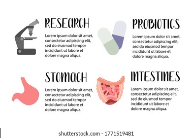 Microflora research. Probiotics. Lactic acid bacteria. Stomach, gut and intestinal flora health. Microbiome. Vector flat illustration