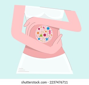 Microflora, viruses in the human intestine, microscopic bacteria.Flat vector character design for demonstration in textbooks, web. The gastrointestinal tract in the gentle hands of a woman. Body care.