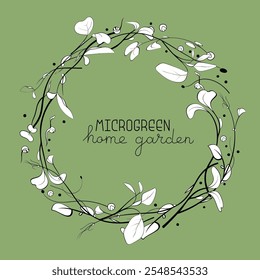 Microgreen circle  frame with peas, onion, cress, beet seeds. Healthy green seedlings. Hand drawn vector illustration