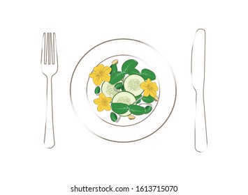 
Microgreen. Color image of a fork, knife and plate with a salad of sprouts, flowers and slices of cucumber. Design element. Vector illustration.