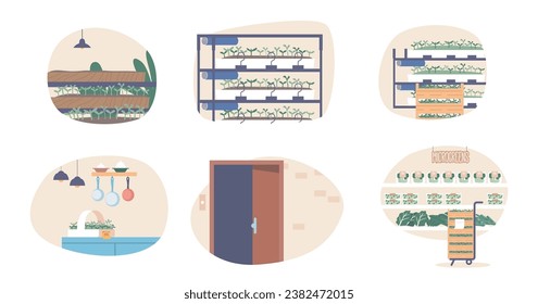 Microgreen Production Set. Cultivation Of Tiny, Nutrient-packed Greens, Harvested At An Early Stage, Vector Illustration