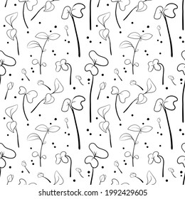 Microgreen sketch vector illustration. Green for home gardening. Seamless pattern with mustard and basil sprouts background