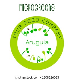 Microgreens Arugula. Seed packaging design, round element in the center