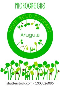 Microgreens Arugula. Seed packaging design, round element in the center. Sprouting seeds of a plant. Vitamin supplement, vegan food