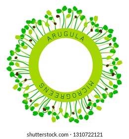 Microgreens Arugula. Seed packaging design, round element in the center. Around him sprouts. Vitamin supplement, vegan food