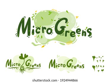 Microgreens or baby greens , lettering, logo.Vector hand-drawn text