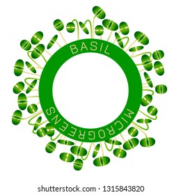 Microgreens Basil. Seed packaging design, round element in the center. Around him sprouts. Vitamin supplement, vegan food