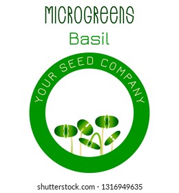Microgreens Basil. Seed packaging design, round element in the center. Vitamin supplement, vegan food