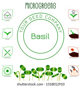Microgreens Basil. Seed packaging design. Icons - indoor, organic, superfood, antioxidants, non gmo, soil free, fertilizer free, non polluted