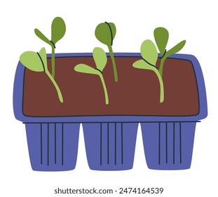 Microgreens with biomarker in container. Micro greens with plant label. Green sprouts and seedlings in planter. Flat vector illustration isolated on white