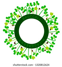 Microgreens Broccoli. Seed packaging design, round element in the center. Around him sprouts. Vitamin supplement, vegan food
