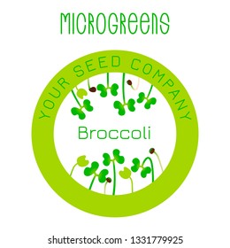 Microgreens Broccoli. Seed packaging design, round element in the center