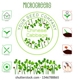 Microgreens Chinese Cabbage. Seed packaging design. Icons - indoor, organic, superfood, antioxidants, non gmo, soil free, fertilizer free, non polluted