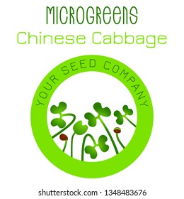 Microgreens Chinese Cabbage. Seed packaging design, round element in the center. Vitamin supplement, vegan food