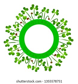 Microgreens Collard. Seed packaging design, round element in the center. Around him sprouts. Vitamin supplement, vegan food