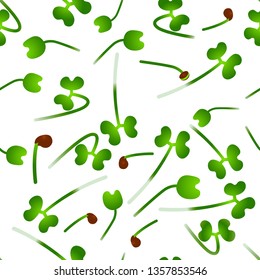 Microgreens Collard. Sprouting seeds of a plant. Seamless pattern. Isolated on white. Vitamin supplement, vegan food