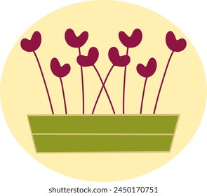 Caja de microverduras, plántulas pop, Ilustración vectorial dibujada a mano, fondo amarillo