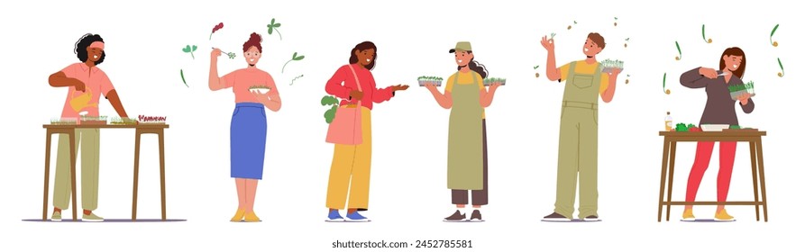 Microgreens Enthusiasts, Health-conscious Characters Using Tiny Micro Green Nutrients in Dishes With Their Vibrant Colors, Intense Flavors And Nutritional Content. Cartoon People Vector Illustration