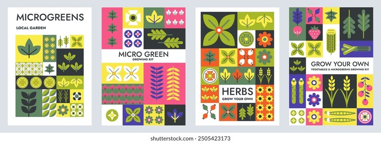 Microgreens geometric mosaic poster. Grow your herbs and vegetables, micro greens growing kit packaging design with plants, leaves and flowers geometric vector background. Bauhaus Scandinavian tiles.