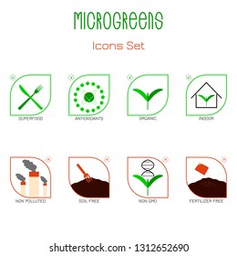 Microgreens Icon Set. Seed packaging design. Icons - indoor, organic, superfood, antioxidants, non gmo, soil free, fertilizer free, non polluted