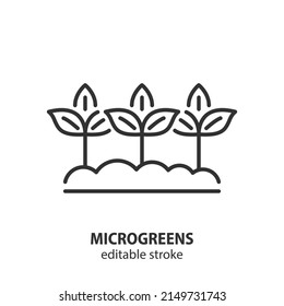 Icono de la línea de microverdes. Provoca microverde en un símbolo vector del suelo. Cultivando vegetales para la comida. Trazo editable.