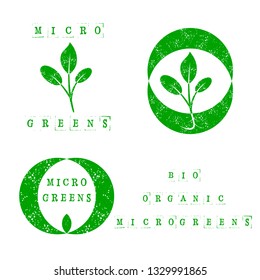 Microgreens Logo Set. Seed and living microgreens packaging design. Grunge texture