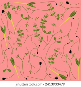 Microgreens pattern: Onion, Cress, Peas, Carrot, Corn, Sunflower on pink background. Useful eco-product. Flat design. Healthy green seedlings. Hand drawn vector illustration for business, textile