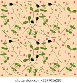 Microgreens pattern with red dots on beige background. Useful eco-product. Flat design. Healthy green seedlings. Peas, cress, sunflower. Hand drawn vector illustration for business, banners, textile