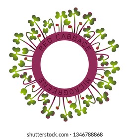Microgreens Red Cabbage. Seed packaging design, round element in the center. Around him sprouts. Vitamin supplement, vegan food