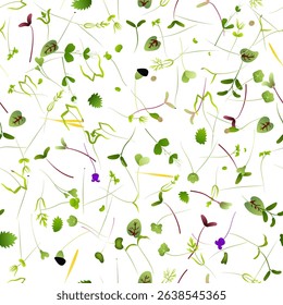 Microgreens seamless pattern shows small, edible greens grown from the seeds of vegetables and herbs, showcasing their vibrant colors and delicate forms on a clean white backdrop