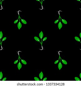 Microgreens. Sprouting seeds of a plant. Seamless pattern. Vitamin supplement. Black background