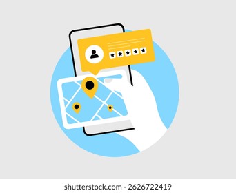 Detecção de microinfluenciadores via interface de mapa. Ferramenta de mapa inteligente mostrando influenciadores locais próximos aos pontos de interesse, com fragmentos de revisão e alças de mídias sociais para ilustração de marketing direcionada