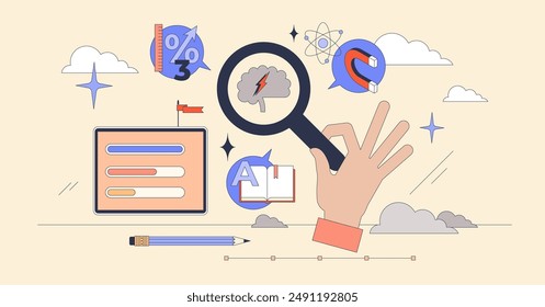 Microlearning approach for fast education tiny person neubrutalism concept. Effective teaching with short time information study vector illustration. Delivering content with focused study course.