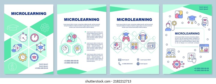 Microlearning approach green brochure template. E learning. Leaflet design with linear icons. Editable 4 vector layouts for presentation, annual reports. Arial-Black, Myriad Pro-Regular fonts used