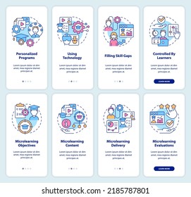 Enfoque de microaprendizaje en pantalla de aplicación móvil. Recorrido de aprendizaje electrónico 4 pasos instrucciones gráficas editables con conceptos lineales. UI, UX, plantilla GUI. Multitud de tipos de letra Pro-Bold, con uso regular