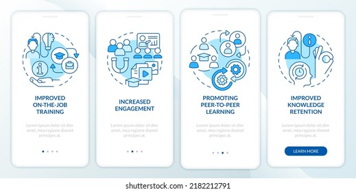 Microlearning benefits blue onboarding mobile app screen. Walkthrough 4 steps editable graphic instructions with linear concepts. UI, UX, GUI template. Myriad Pro-Bold, Regular fonts used