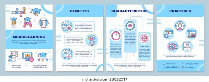 Microlearning blue brochure template. Characteristics. Leaflet design with linear icons. Editable 4 vector layouts for presentation, annual reports. Arial-Black, Myriad Pro-Regular fonts used