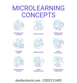 Microlearning blue gradient concept icons set. Effective educational approach idea thin line color illustrations. Personalized programs. Isolated symbols. Roboto-Medium, Myriad Pro-Bold fonts used