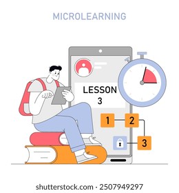 Microlearning concept. An engaged student uses a tablet for bite-sized lessons, optimizing time with a stopwatch. Efficient learning strategy. Vector illustration.