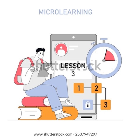 Microlearning concept. An engaged student uses a tablet for bite-sized lessons, optimizing time with a stopwatch. Efficient learning strategy. Vector illustration.