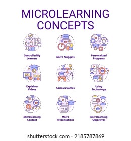 Microlearning concept icons set. Effective educational approach idea thin line color illustrations. Personalized programs. Isolated symbols. Editable stroke. Roboto-Medium, Myriad Pro-Bold fonts used