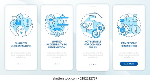 Microlearning drawbacks blue onboarding mobile app screen. Walkthrough 4 steps editable graphic instructions with linear concepts. UI, UX, GUI template. Myriad Pro-Bold, Regular fonts used