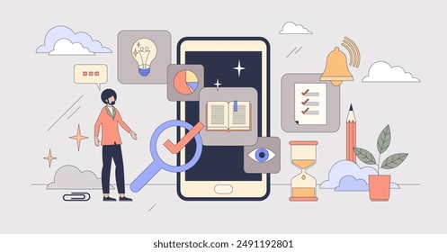 Microlearning education with fast web course tiny person neubrutalism concept. Effective and focused distant training about precise topic for rapid and productive understanding vector illustration.